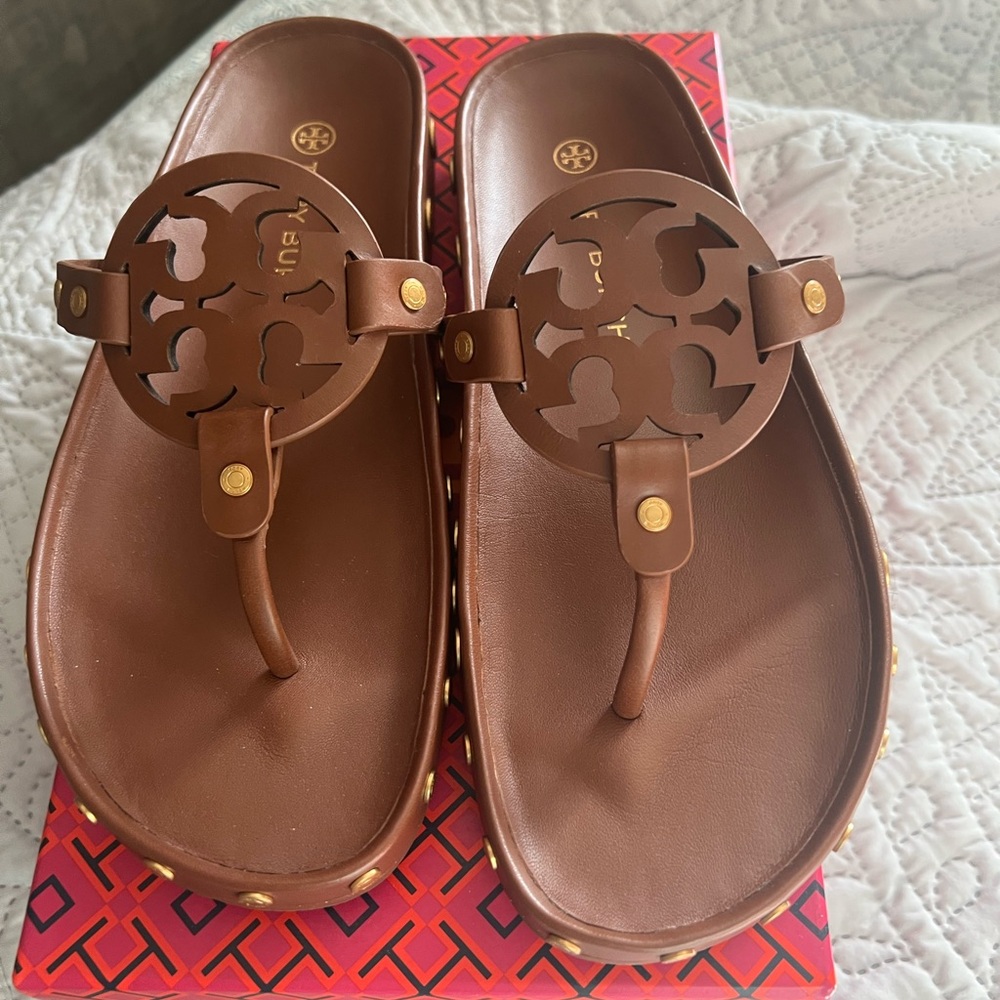 Tory Burch Brown Miller Cloud Coin Sandals